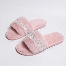 Fluffy Lace Flower Embroidered Pearl Slip-On Slippers, Suitable For Indoor/Outdoor Wear All Seasons, Sweet & Cute Style, Slip-On Flat Soft Plush Slippers For Women - Pink - View 7