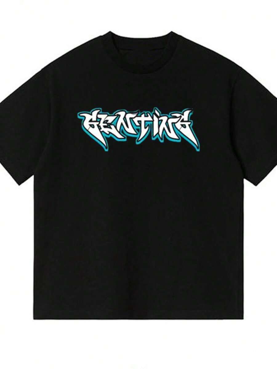 Camiseta de Hombre de Mezcla de Algodón con Estampado de Grafiti - Elegante para Uso Diario - Negro - Ver 1