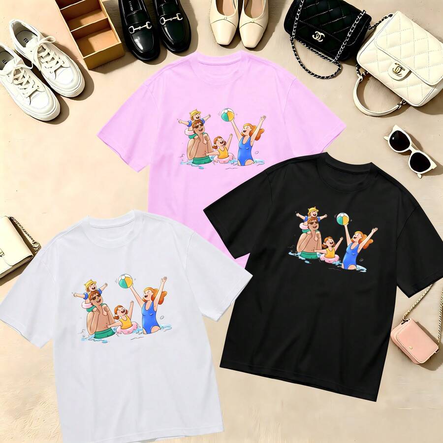 Choose One Of The Three Sets Women's T-Shirt Kawaii Summer Vibes, 100% Cotton, Oversized, Soft Breathable, Casual Crewneck, Short Sleeve Top, Retro Aesthetic, Streetwear, Cat Lovers - 黑色 - 查看 1