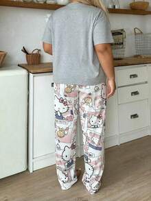 2 piezas Conjunto de pijama de manga corta con estampado de Hello Kitty para mujer de talla grande (Parte superior + Pantalones) - Gris - Ver 5