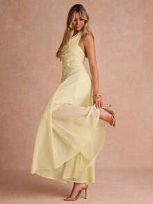 Vestido con cuello drapeado y decoración floral 3D para mujer - Amarillo - Ver 5