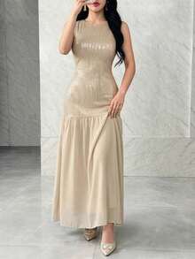 Vestido de mujer de gasa con parches de lentejuelas elegante - Albaricoque - Ver 9
