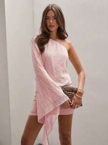 Vestido de verano de mujer elegante con un hombro, con textura y adornos de lentejuelas, vestido de un solo manga, vestido asimétrico, vestido lila para mujer, vestido de verano de un solo hombro, vestido asimétrico para mujer - Rosa Pálido - Ver 12