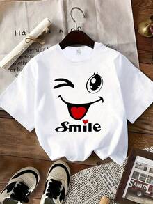 Round Neck T-Shirt With Funny  Face Print, Casual Short Sleeve, Micro-Elastic, Non-See-Through, Easy Care Material, Ideal For Casual Outfits, Women's Clothing - 黑色 - 查看 1