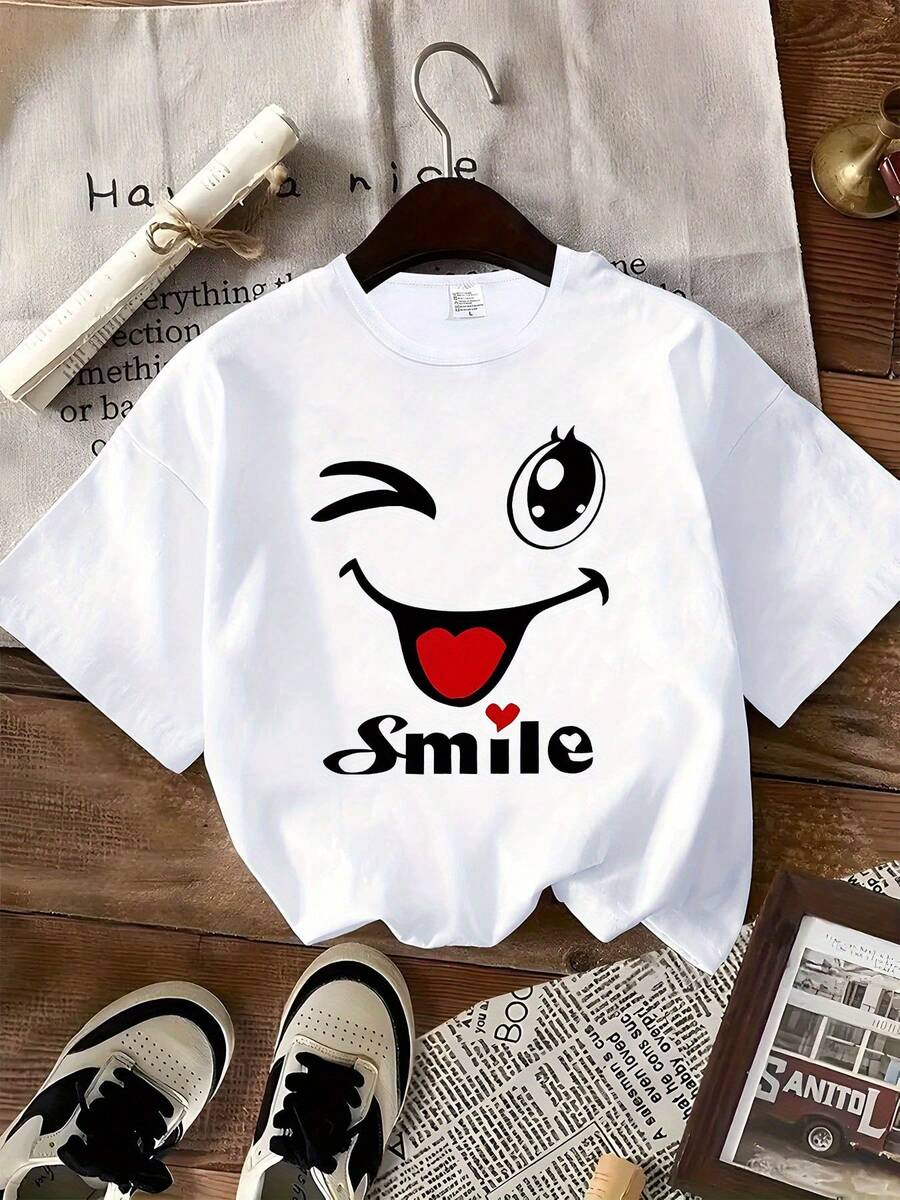 Round Neck T-Shirt With Funny Face Print, Casual Short Sleeve, Micro-Elastic, Non-See-Through, Easy Care Material, Ideal For Casual Outfits, Women's Clothing - 黑色 - 查看 1