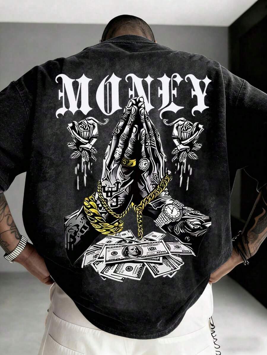 Camiseta de manga corta minimalista y versátil con estampado de manos en oración para hombres de Zrgoth KHCD - Negro - Ver 1