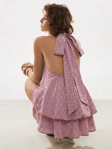 2026 Nuevo Vestido corto de verano para mujer con cuello halter, espalda descubierta y volantes con estampado de cuadros - Rosa - Ver 3
