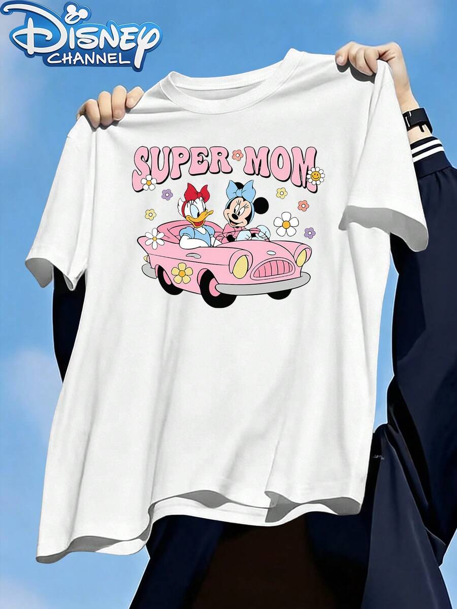 Disney Mickey Mouse IP Minnie Daisy SUPER MOM Cute Printed Men's T-Shirt, Fashionable Design, Simple And Versatile,  Design, Men's Crew Neck T-Shirt Made Of Twill Fabric, Bound Hem, Casual Summer T-Shirt For Men. - trắng - Xem 1