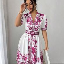 . .  Conjunto de vestido corto de manga corta con cintura ceñida y estampado floral azul y blanco, elegante y romántico para vacaciones, primavera/verano - Multicolor - Ver 11
