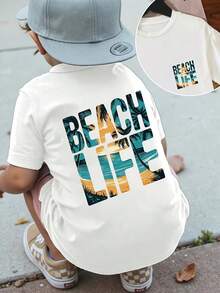 Kids' Surf T-Shirt With Palm Tree Print - Light Yellow And Turquoise With Surf Print On The Back, Short Sleeve And Round Neck, Casual Summer Top For Pool Parties, Surfing And Coastal Style - Machine Washable Kids' Surf Clothing - 白色 - 查看 1