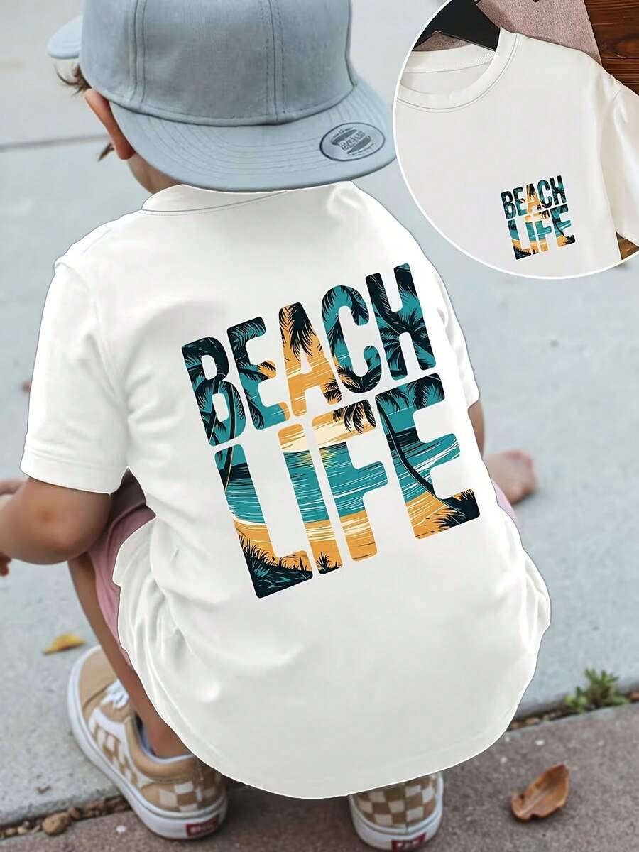 Kids' Surf T-Shirt With Palm Tree Print - Light Yellow And Turquoise With Surf Print On The Back, Short Sleeve And Round Neck, Casual Summer Top For Pool Parties, Surfing And Coastal Style - Machine Washable Kids' Surf Clothing - 白色 - 查看 1