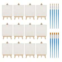 12pcs Set (10x10cm Canvas And Easel) + 10pcs Paint Brushes, Suitable For Professional Art Creation - Multicolor - View 5
