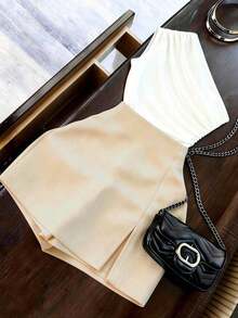 2 piezas Conjunto versátil de verano para mujer, Blusa blanca fruncida + Falda pantalón gris con abertura lateral, Conjunto a juego blanco + gris, Pantalón casual de primavera/verano 2 en 1 con diseño de falda, Diseño de cintura alta que optimiza las proporciones, Pierna ligeramente ancha que estiliza, Adecuado para ir al trabajo, diario, verano, fiesta, playa, citas, graduación, oficina de negocios, ropa de trabajo urbana para maestros, Conjunto de pantalones casuales - Multicolor 4 - Ver 3