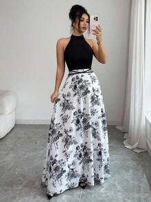 Vestido de verano de mujer de nueva llegada con diseño francés de patchwork sin mangas, vestido ajustado con cuello de halter estampado de diseño único y contraste de color con lazo en la cintura - Multicolor - Ver 6
