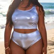 Nuevo conjunto de bikini de dos piezas de talla grande, estilo top sin mangas con relieve dorado y color sólido. - Plateado - Ver 2