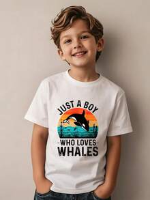 Children's White T-Shirt With A Design Of A Whale-Loving Boy, Featuring A Whale And A Sunset Over The Ocean, Suitable For Casual Wear And Outdoor Activities. - 白色 - 查看 6