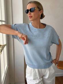 Blusa de punto con mangas de murciélago y adornos de strass para mujeres de mediana edad y mayores - Azul - Ver 4