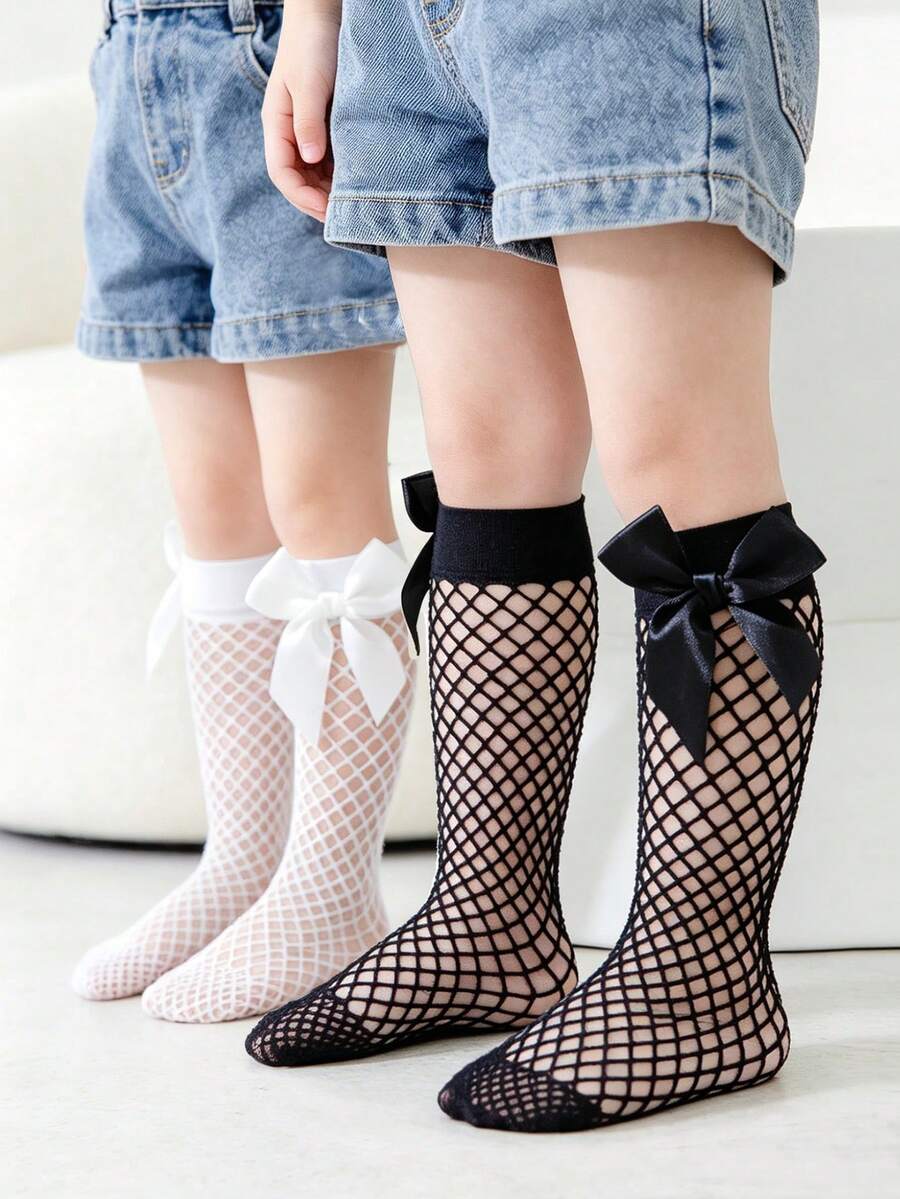 2pairs Baby Girls' Black And White Fishnet Stockings With Bowknot, Sweet And Fashionable For Daily Wear In Summer - Black and White - View 1