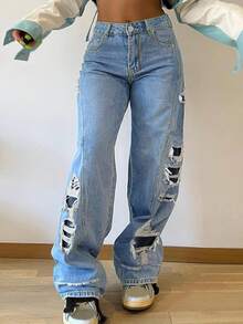 Y2K Retro Mid-Rise Distressed Straight Leg Women's Jeans, Light Blue Washed Contrast Stitching Non-Stretch Loose Floor-Length Pants - Light Wash - View 2