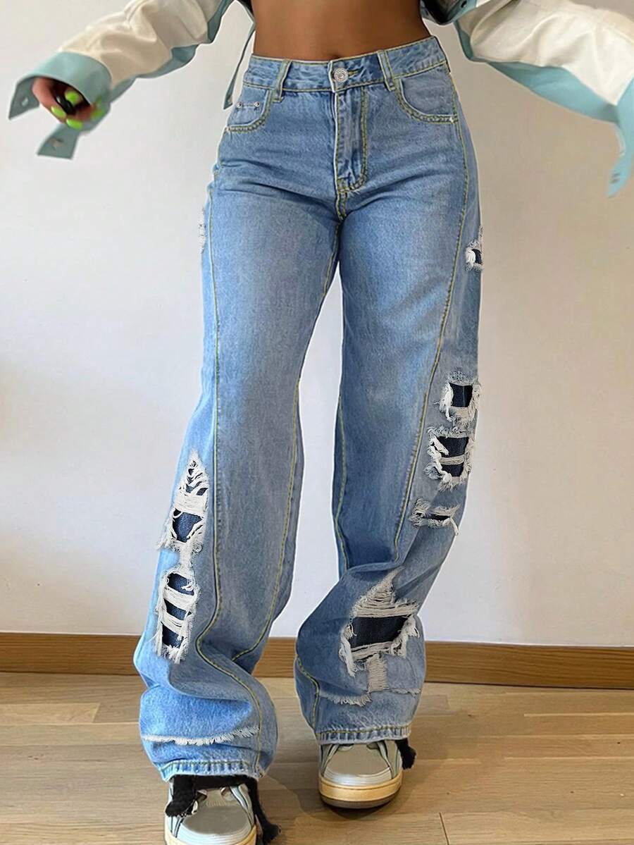 Y2K Retro Mid-Rise Distressed Straight Leg Women's Jeans, Light Blue Washed Contrast Stitching Non-Stretch Loose Floor-Length Pants