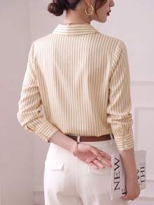 YUXIN Spring/Autumn New Loose Fashion Blue Striped Elegant Long Sleeve Shirt, Stylish Design For Work/Commute, Slimming & Versatile Blouse - Apricot - View 8