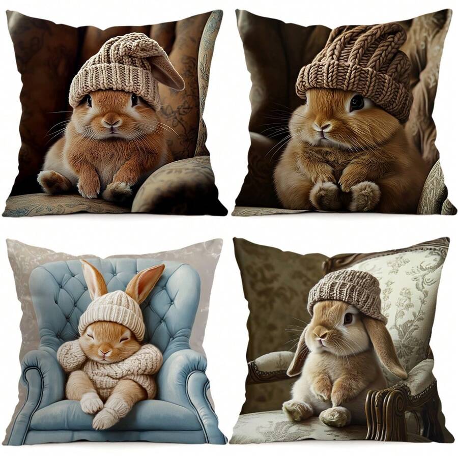 4pcs/1pc Cute Rabbit Pattern Pillow Cover, Single-Sided Printed Cushion Cover, Suitable For Living Room, Bedroom, Home Decor, All Seasons - Multicolor - View 1