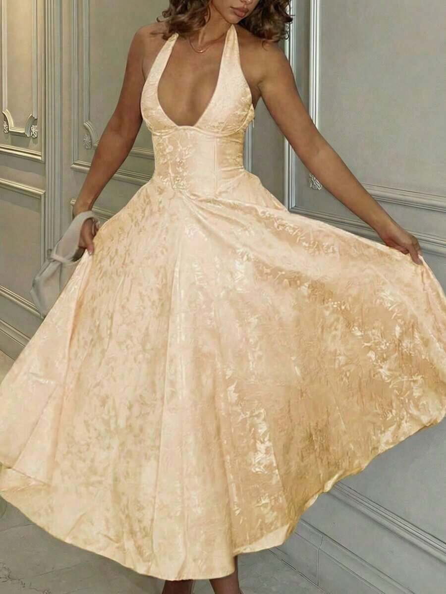 Elegante vestido midi de fiesta de verano con cuello en V, cintura y vuelo, con estampado texturizado romántico para citas y resort - Amarillo - Ver 1