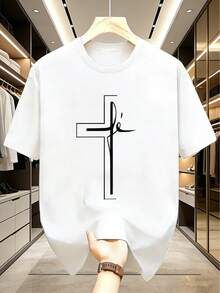 Camiseta de manga corta para hombre con diseño de estampado de fe cruzada - Estilo moderno con cuello redondo regular - Blanco - Ver 2