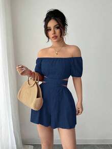 Mono informal de mujer para vacaciones con hombros descubiertos y lazo en la espalda - azul real - Ver 7