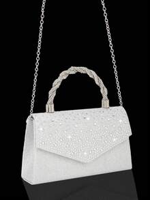 Fashionable New Women's Evening Bag, Sparkling Rhinestone Handbag And Shoulder Bag, Comes With Sparkling Rhinestone Jewelry 3 Pieces Set, Including Rhinestone Pendant Necklace, Earrings And Bracelet, Perfect For Parties, Balls, Gatherings And Evening Events - Silver - View 4