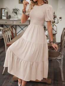 Vestido largo envolvente de mangas abullonadas de unicolor para mujer, atuendo de playa y vacaciones - Albaricoque - Ver 4
