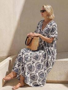 Vestido de manga corta con estampado floral y abotonadura sencilla para mujeres de edad media y mayores - Negro - Ver 8
