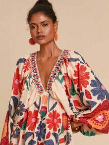 Vestido de gasa con cuello en V y manga larga con estampado floral para mujer, adecuado para vacaciones, estilo de vacaciones, estampado gráfico tejido, atuendos casuales de verano para vacaciones, atuendos de vacaciones en la playa bohemia, ropa bohemia chic, atuendos de festivales de vacaciones, atuendos de playa para mujer, atuendos de verano para mujer, atuendo de graduación, atuendos de cumpleaños para mujer, artículos esenciales de playa, atuendo de aeropuerto para mujer, vestido de té, vestido de cumpleaños, vestido de verano, verano europeo, ropa bohemia para mujer, vestido elegante para mujer - Azul - Ver 7