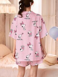 Gongdie Bộ đồ ngủ nữ Snoopy 2 món, chất liệu mềm mại, thoáng khí, họa tiết hoạt hình dễ thương và sọc, thích hợp mặc nhà mùa hè. - Hồng - Xem 3