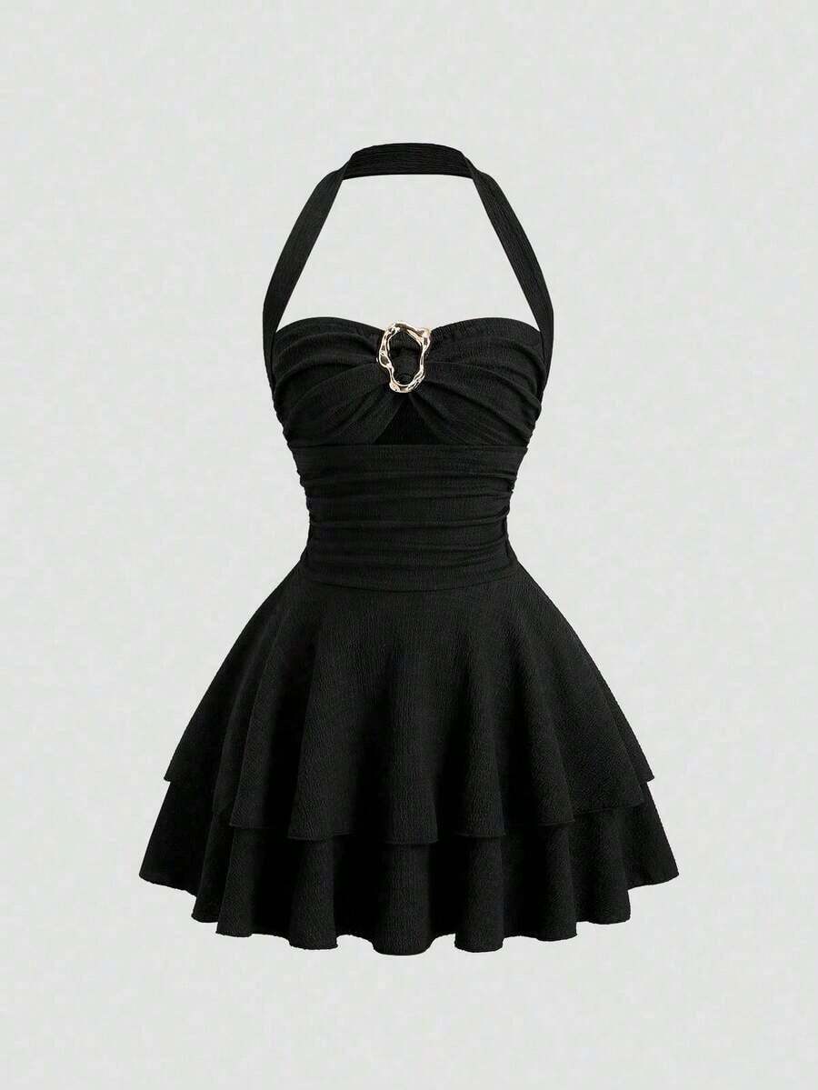 Nuevo vestido marrón de primavera/verano para mujer, de estilo vintage, sexy, ajustado, con escote halter, elegante, versátil y cómodo para fiestas y uso casual - Negro - Ver 1