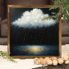 2D Panel, 1 Piece Wooden Framed Dreamy Cloud And Rain Wall Art - Horizontal 2D Panel, Soft Clouds And Raindrops,  Nature Theme Painting, Suitable For Living Room, Bedroom, Tranquil Fantasy, Easy-To-Hang Wooden Panel, 2D Panel - 8*8inch(20*20cm) - 查看 2