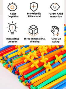 150 peças/Conjunto Brinquedo de Palha para Crianças, Blocos de Construção Educativos Criativos 4D com Bolsa de Armazenamento, Palha Flexível Interessante Vara Mágica Blocos de Construção, Brinquedos DIY para Meninos e Meninas de 4-6 Anos, Presentes de Natal e Ano Novo - Blocos de construção de palha 4D - Visão 4