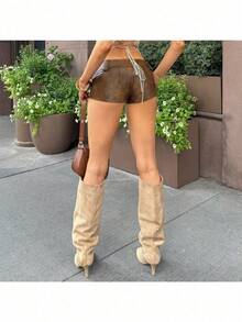 Women's Distressed Leather Mini Shorts With Wide Waistband & Utility Zipper Detailing - Retro Moto Style Featuring A Vintage Wash And Contrast Metal Hardware For Urban Edge - Brown - View 5