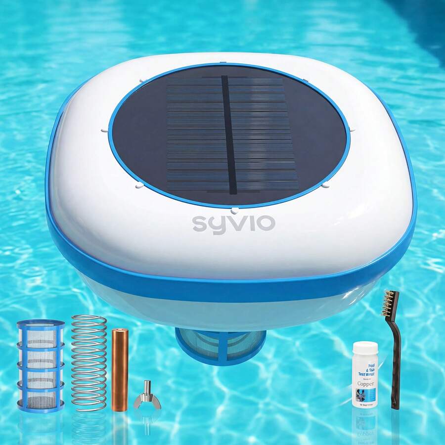 Solar Powered Pool Ionizer, Chemical-Free Floating Water Purifier For Fresh, Saltwater Pools Up To 45, 000 Gallons, Chlorine Saver, Includes Brass Parts, Cleaning Brush, Reusable Summer Must-Have - Blue - View 1