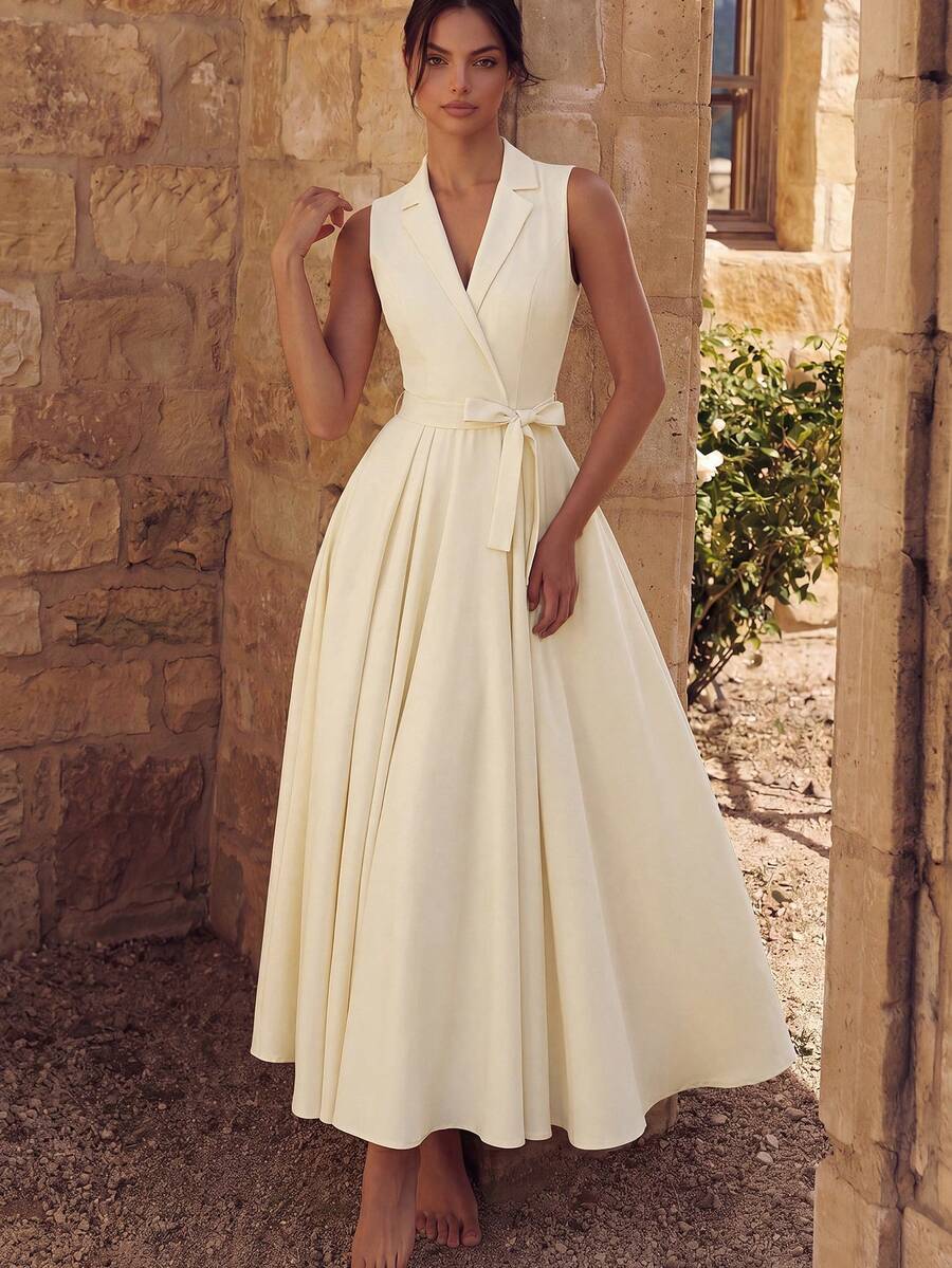 ADYCE Elegant V-Neck Sleeveless High Waist Bow A-Line Mid-Length Party Dress, Suitable For Ball, Birthday Party, Evening Party, Date, Formal Dinner, Family Holiday Spring Wedding - Apricot - View 1