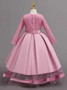 Girls Long Waist-Cinching Formal Dress, Multi-Layer Flower Girl Gown, Princess Dress For Wedding, Graduation Ceremony, All Seasons - Pink - View 5