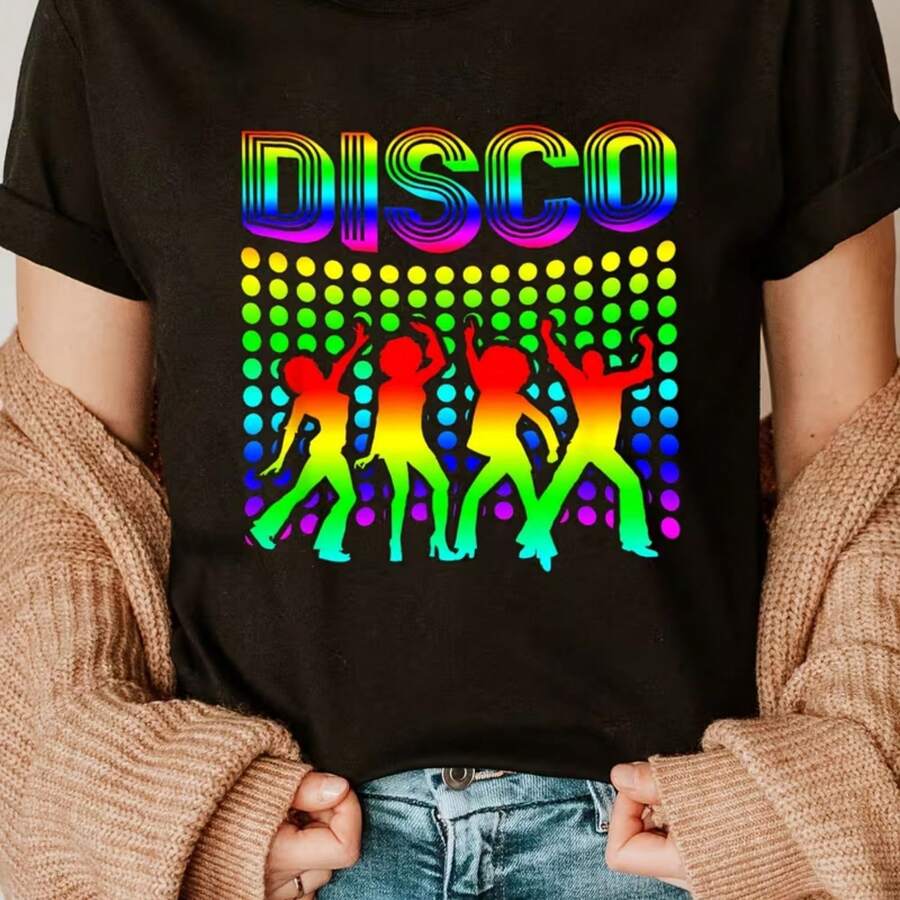 Camiseta Casual de Cuello Redondo con Estampado Gráfico de Baile Disco Retro para 4 Personas - Manga Corta, Colores Degradados Vibrantes, Tejido Semi-Transparente para Verano y Primavera, Lavable a Máquina, Moda - Negro - Ver 1