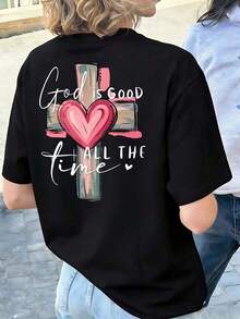 Women's Pink Graphic T-Shirt With Cross And Heart, "God Is Always Good", Short Sleeves, Round Neck, Soft, Comfortable, Loose Casual Fit. Ideal For Church And Everyday Summer Wear. - 黑色 - 查看 3