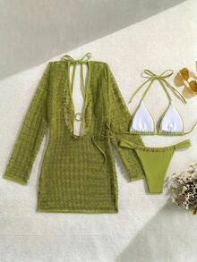 Conjunto de bikini de atar elegante y vintage de color marrón sólido para mujer, ideal para vacaciones y casual. Vestido con textura como cubierta de traje de baño, traje de baño para playa - Verde - Ver 8