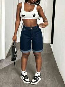 Vintage American Style Distressed Cuffed Low Waist Slimming Denim Shorts Casual Summer - Denim Original Color - View 6