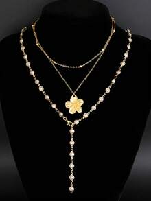 2pcs/Set Kalung Panjang Berbentuk Y Mewah dengan Hiasan Mutiara Imitasi, Perhiasan Dekorasi Bunga 3D Emas Elegan untuk Wanita, Cocok untuk Pemakaian Sehari-hari, Pesta, Festival, Panjang Rantai Dapat Diatur - Keemasan - View 3