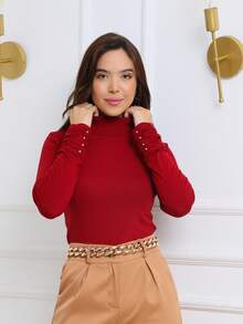 Turtleneck Blouse With High Neck, Long Sleeves, Cuffs, Gathered Detail With Elastic And Pearl Embellishments. - Dark Red - View 1