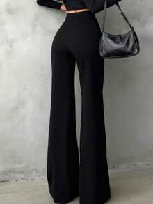 Pantalones rectos de cintura alta de unicolor, elegantes y casuales, adecuados para salidas diarias, ir a la oficina, estar en casa, citas, pequeñas fiestas, eventos sociales ligeros en primavera, color negro - Negro - Ver 3