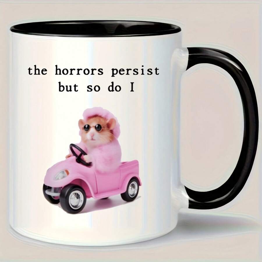 [24-Hour Shipping Within Mexico] Double-Sided Print Mug, A Ceramic Coffee Mug With A Print Of A Happy Pink Hamster Driving A Car, 11-Ounce Capacity. This Reusable Mug Is Perfect For Both Summer And Winter Drinks And Makes A Great Gift For Various Occasions, Including Home And Party Decorations, Birthdays, And More. - 1 - 查看 1
