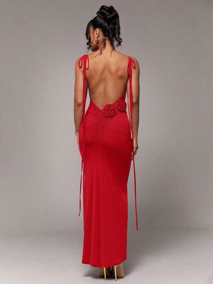 xheSilquee Vestido elegante y sexy de color rojo liso con espalda descubierta, ruedo de sirena y cuello de halter, adecuado para cóctel, cita romántica, vestido de malla de punto, fiesta, boda, Halloween, Navidadxhe - Rojo - Ver 1